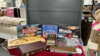 BOX OF GAMES - GLASS CHESS & BACKGAMMOM, BACKGAMMON IN CASE, RISK, CRIB BOARD IN CASE ETC