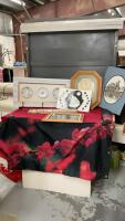 (2) WOOD WALL DECOR PIECES, CLOCK W/ SAYING, (2) CALGARY CHINA TOWN FLORAL BANNERS, (2) UNFRAMED PICTURES