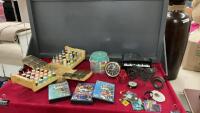 SEWING NOTIONS IN CADDY, COMPUTER GAMES, MAGNETS, ALARM CLOCK