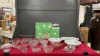VINTAGE TABLECLOTH + (2) BOXES OF POLISH DISHES AND CLEAR GLASSWARE