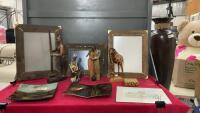 BOX W/ DECORATIVE PLATES, AFRICAN ORNAMENTS, LEOPARD PRINT COASTERS, AND PICTURE FRAMES