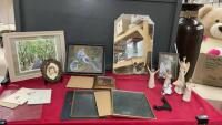 BOX OF ASSORTED PICTURE FRAMES W/ A SMALL VINTAGE MIRROR AND SMALL FIGURINES