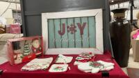 WOODEN &ldquo;JOY&rdquo; SIGN, CANDLES, & ASSORTED KITCHEN TOWELS + TABLE CLOTH