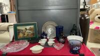 (2) BOXES OF HOUSEHOLD - LARGE PLATTERS, WHITE MIXING BOWL, SMALL CASSEROLE DISH, BLUE VASE, ETC.