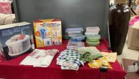 BOX OF ASSORTED HOUSEHOLD - &ldquo;STACK N&rsquo; TWIST&rdquo; ORGANIZER W/CONTAINERS, &ldquo;DOUBLE DECK&rdquo; TURN TABLE W/ CONTAINERS, PLASTIC SNACK ORGANIZERS, AND TEA TOWELS