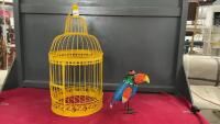 YELLOW METAL BIRD CAGE W/ METAL TOUCAN