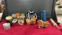 (2) BOXES - (1) W/ BOOKS, ENAMEL COFFEE PERK, (2) WOOD TOYS, SMALL TINS
