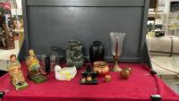 BOX W/ A FOUNTAIN, CANDLE HOLDER,S VINTAGE ROCKALITE PLASTER GRANDMA AND GRANDPA, REPLACEMENT COFFE POT, ETC.