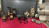 BOX OF ASSORTED DECOR - BRASS VASES, CANDLE HOLDERS, NEEDLE POINT PICTURES, SET OF (3) METAL FRAMED MIRRORS, ETC.