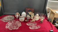 (2) BOXES OF ASSORTED DECOR - SET OF 4 PLATES, CRYSTAL PLATTERS, ASIAN THEMED DISHAWARE, (6) DRINKING GLASSES, AND (3) ANGEL FIGURINES