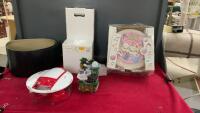 BOX W/ A WATER FOUNTAIN + NEW PUMP, SINGING MAGICAL CAKE PLATE, MADALAIN, VINYL FLOORING, AND AN IKEA ARTICULATING LAMP