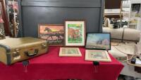 VINTAGE ROLLAND HARD SIDED CASE W/ 4 HANDPAINTED HORSE PICTURE & AN OLD SCHOOLHOUSE PICTURE