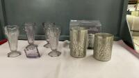 (4) PURPLE VINTAGE VASES AND A SET OF (2) CANDLE HOLDERS,