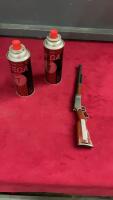 BBQ LIGHTER SHAPED AS A GUN W/ (2) CANISTERS OF BUTANE GAS