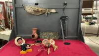 BOX OF DECOR - MEXICAN MARIONETTE, WOODEN GOOSE, &ldquo;WELCOME TO THE CABIN SIGN&rdquo;, ETC.