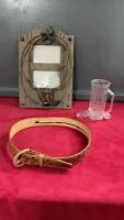 BOX W/ WESTERN DECOR - PICTURE FRAME, PLASTIC BOOT, AND A BELT
