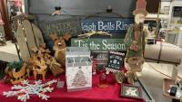 DECORATIVE SLEIGH, WOODEN SNOWMAN, (3) WOODEN SIGNS, PICTURE FRAMES, BATTERY OPERATED SNOWFLAKE, WOODEN REINDEER, ETC.