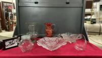 TOTE W/ ASSORTED GLASSWARE AND DECOR - ORANGE VASE, GLASSS PITCHER, PICTURE FRAME, DECORATIVE BOWL W/ FISH HANDLES