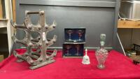 WINE RACK, (4) WINE GLASSES, DECANTER, AND A BELL