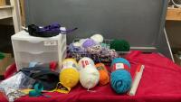PLASTIC 3 DRAWER CONTAINER W/ (2) ASSORTED ZIPPERS AND METAL RACKS W/ ASSORTED YARNS