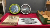 VINTAGE BOX W/ (2) CLOCKS & (2) POSTERS