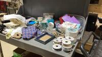 BOX W/LACE, RIBBON, FOAM, HOBBY FLOWERS, MUGS, TISSUE PAPER