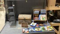 (3)ITEMS - DVD/BLU-RAY, METAL STORAGE BIN, LIGHT SMALL WOOD TRUNK