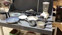 BOX W/ POTS + PANS, GLASS TRAY, OSTER BLENDER, TOWEL BAR, COFFEE CARAFE