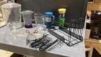 BOX W/ BEVERAGE DISPENSER, 2 PITCHERS, GO CUP, GLASSES, RACK