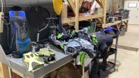 (2)BOXES - FLIPPERS, WET SUIT(XL), PADDLES, INFLATABLE BOAT?, SNORKLE GEAR, BEACH TOYS
