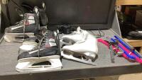 GRAY TOTE WITH PTX PRO HOCKEY SKATES ,CAMEO FIGURE SKATES, SKATE GUARDS
