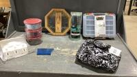 BOX W/GLASS STORAGE BOWLS, CLOCK, HAIR CARE, ORGANIZER