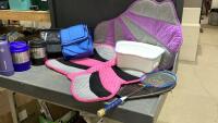 BOX W/MATS, BUBBA KEGS, LUNCH BAGS, BADMINTON RACQUET, STEP