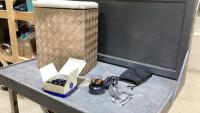 LAUNDRY HAMPER W/COATS THREADED BOBBINS AND CONAIR EVEN CUT HAIR TOOL