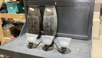 (3) ITEMS - (2) METAL DECORATIVE VASES + VANITY LIGHT FIXTURE