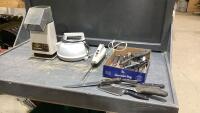 TOTE W/KNIVES, ELECTRIC KNIFE, ELECTRIC KETTLE, POPCORN POPPER