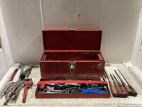 SHOP BOX OF MIXED CONTENTS - DRILL BITS, PILERS, WRENCHES & MISCELLANEOUS