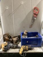 SHOP CRATE OF MIXED - SAWS, DEWALT CORDED DRILLS, TOOL BAGS, PORTER CABLE DRILL, PILERS, MISCELLANEOUS