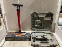 SHOP BOX W/ BELL PUMP, TRUPER GREASE GUN & BEX BARD NAILER