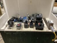 SHOP BOX OF MIXED - BATTERY CHARGERS, BATTERIES, HEDGE TRIMMER CORDED, RYOBI DRILL & MISCELLANEOUS