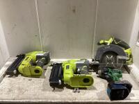 SHOP TOTE OF CORDLESS RYOBI TOOLS - (2) AIRSTRIKE BRAD NAILERS, CIRCULAR SAW + DMR-HITACHI CORDLESS IMPACT DRIVER