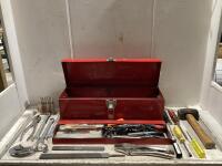 BEACH TOOL BOX OF MIXED - WRENCHES, SCREW DRIVERS, PLIERS, FILES, DRILL BITS & MISCELLANEOUS