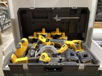 DEWALT TOOL BOX - CIRCULAR SAW, DRILL, FLASHLIGHT, JIGSAW, RECIPROCATING SAW, BATTERIES & CHARGER