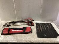 SHOP BOX W/ RECIPROCATING BLADES, OLD MILWAUKEE BAG, BOW SAWS