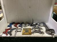 SHOP BOX W/ CLAMP, ADJUSTABLE HOLE CUTTER, CORNER CLAMP & MISCELLANEOUS
