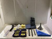 SHOP BOX W/ DRILL BITS, PLUGS, WRENCH, MISCELLANEOUS
