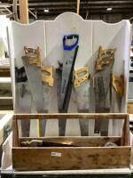 WOODEN TOOL BOX OF HAND SAWS