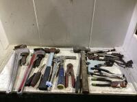 SHOP BOX W/ WRENCHES, HAMMERS, PILERS, MISCELLANEOUS