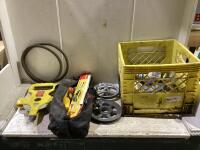 SHOP CRATE W/ BENCH MARK MEASURING TAPE, REFLECTIVE ROAD SIDE TRIANGLE, PULLEY GEARS, AIR HOSE, MISCELLANEOUS