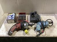 SHOP BOX W/ DRILL BITS, WONDER CHARGER, CORDED JIG SAW & DRILLS